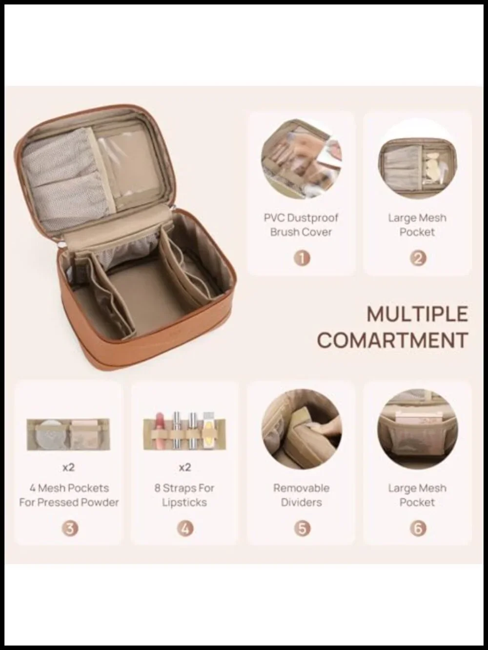 Large Vegan Leather Makeup Bag Travel Toiletry Organizer with Detachable Brush